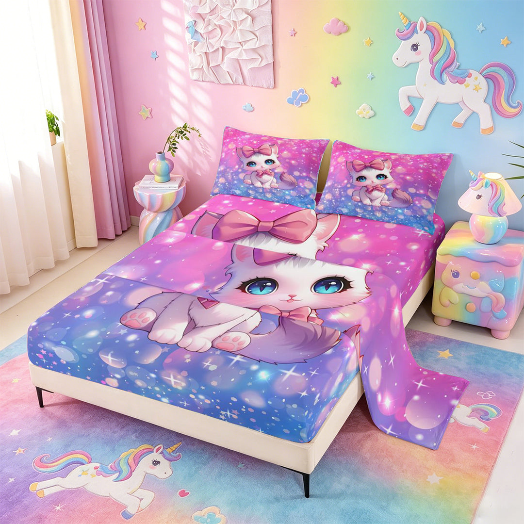 meiyoeat Cartoon Cute Kitten Bed Sheets For Girls,Pink Bow-tie Cat Full Size Sheets For Kids,4 Pieces