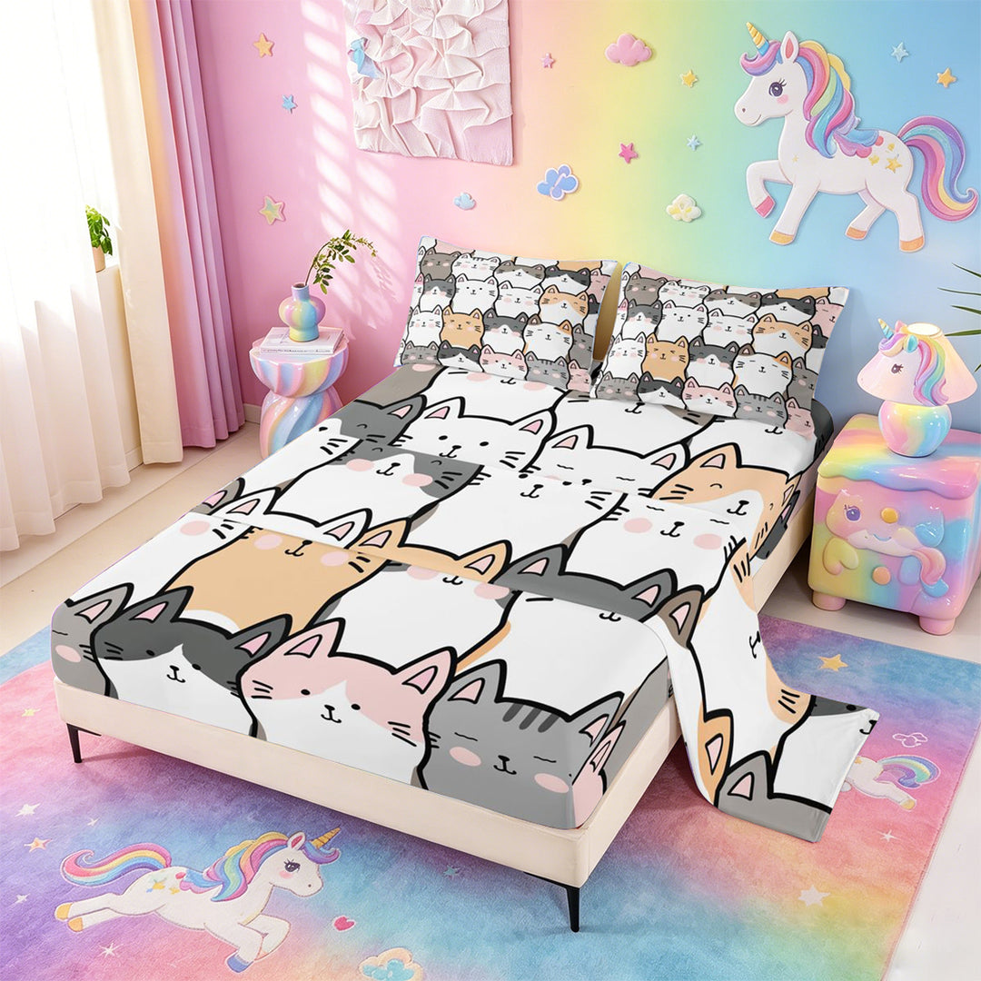 meiyoeat Cartoon Cute Cats Bed Sheets For Kids,Colorful Kawaii Kitten Print Full Size Sheets For Girls,4pcs