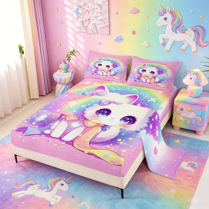 meiyoeat 3D Kawaii Cat Bed Sheets For Girls,Rainbow Sparkling Print Full Size Sheets For Kids,4pcs
