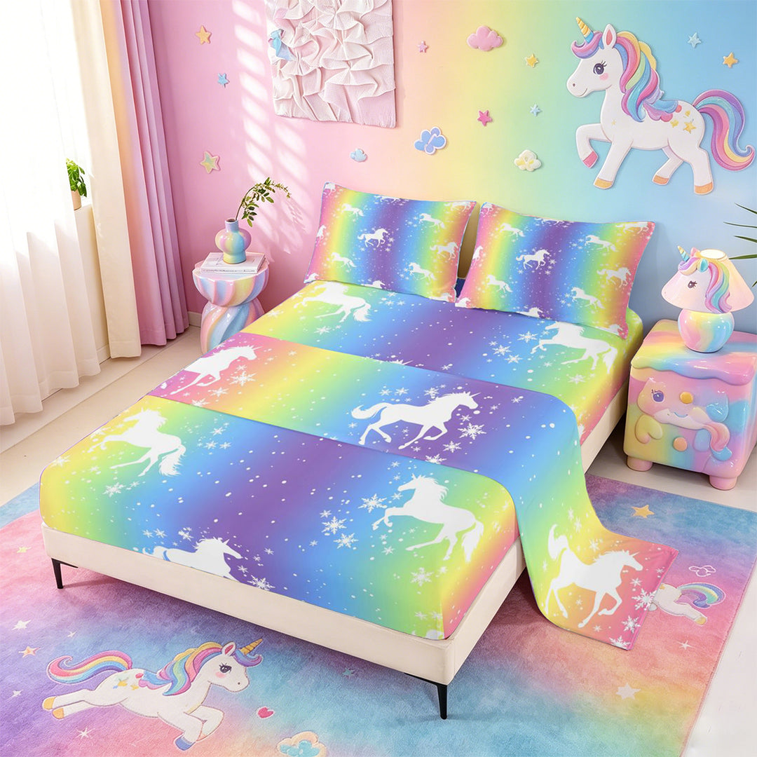 meiyoeat Magic Unicorn Silhouette Bed Sheets For Kids,Multicolor Gradient Lines Art Full Size Sheets For Girls,4-Piece