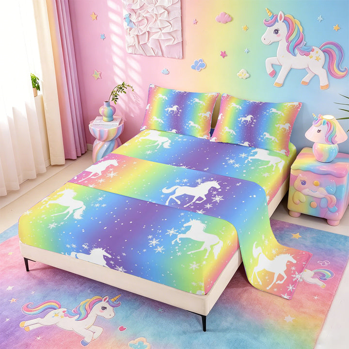 meiyoeat Magic Unicorn Silhouette Bed Sheets For Kids,Multicolor Gradient Lines Art Full Size Sheets For Girls,4-Piece