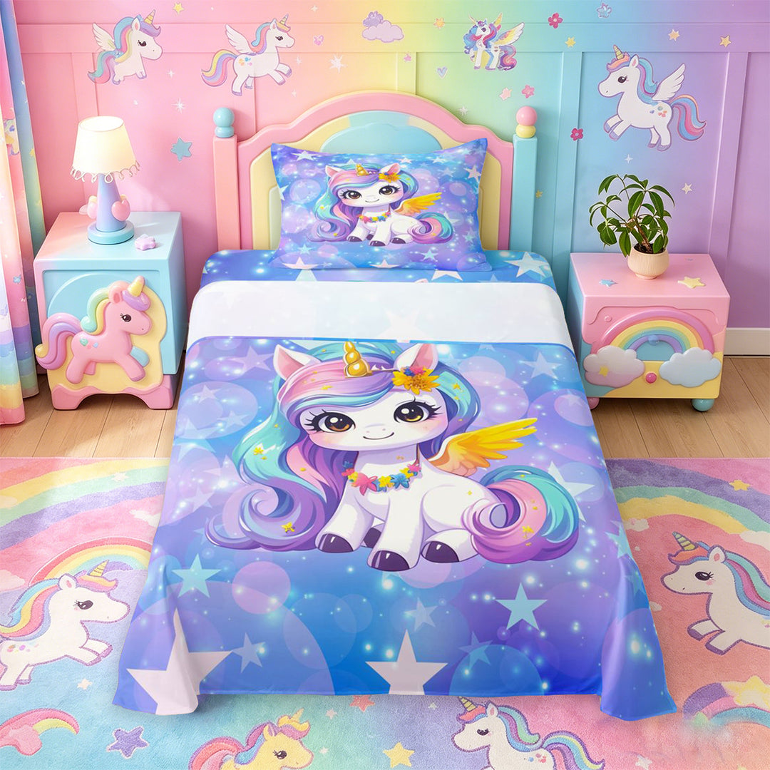 meiyoeat Kawaii Rainbow Unicorn Bed Sheets For Girls,Colorful Cute Stars Print Full Size Sheets For Kids,4-Piece