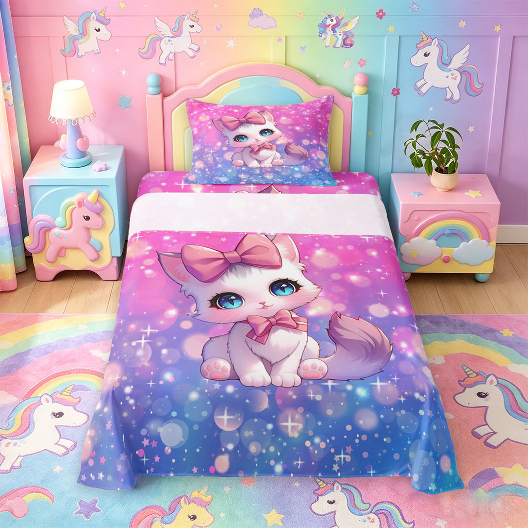 meiyoeat Cartoon Cute Kitten Bed Sheets For Girls,Pink Bow-tie Cat Full Size Sheets For Kids,4 Pieces
