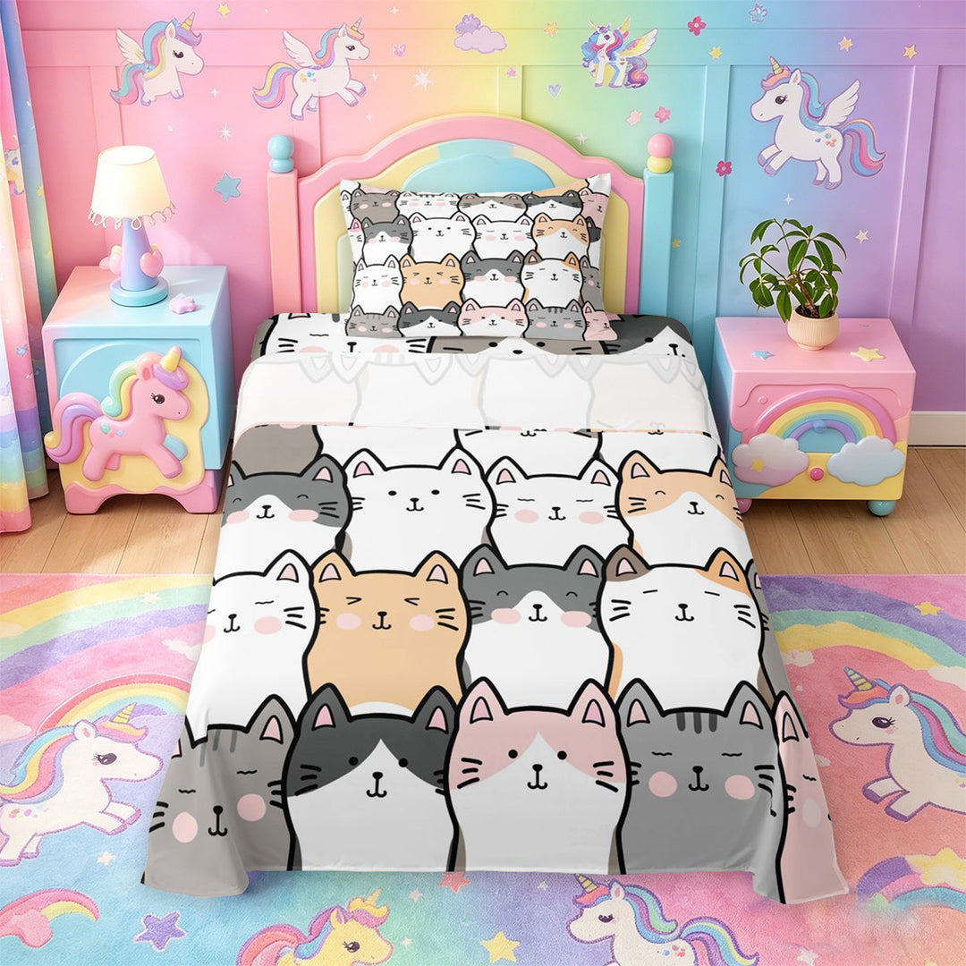 meiyoeat Cartoon Cute Cats Bed Sheets For Kids,Colorful Kawaii Kitten Print Full Size Sheets For Girls,4pcs