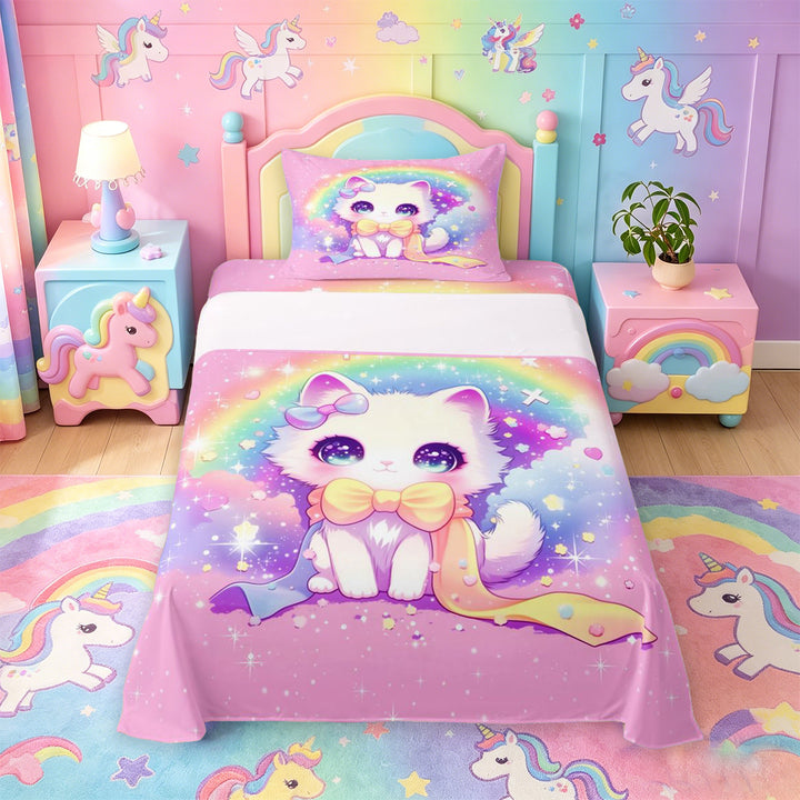 meiyoeat 3D Kawaii Cat Bed Sheets For Girls,Rainbow Sparkling Print Full Size Sheets For Kids,4pcs