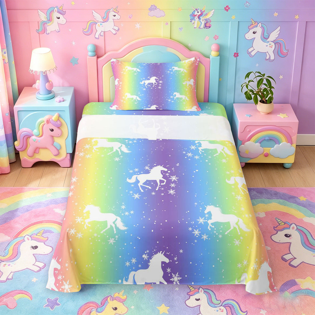 meiyoeat Magic Unicorn Silhouette Bed Sheets For Kids,Multicolor Gradient Lines Art Full Size Sheets For Girls,4-Piece
