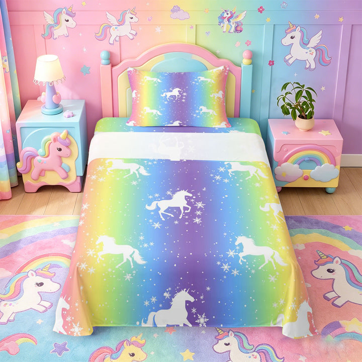 meiyoeat Magic Unicorn Silhouette Bed Sheets For Kids,Multicolor Gradient Lines Art Full Size Sheets For Girls,4-Piece