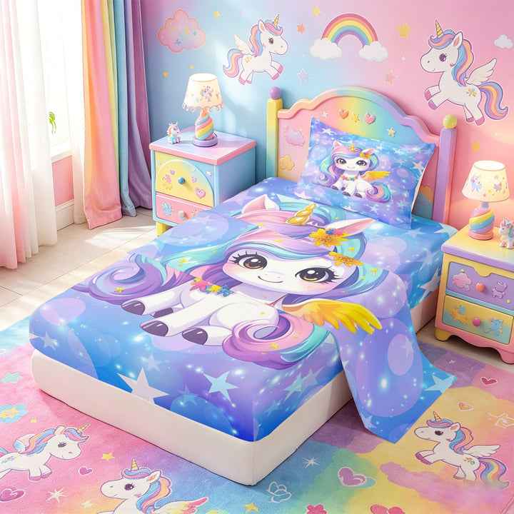 meiyoeat Kawaii Rainbow Unicorn Bed Sheets For Girls,Colorful Cute Stars Print Full Size Sheets For Kids,4-Piece