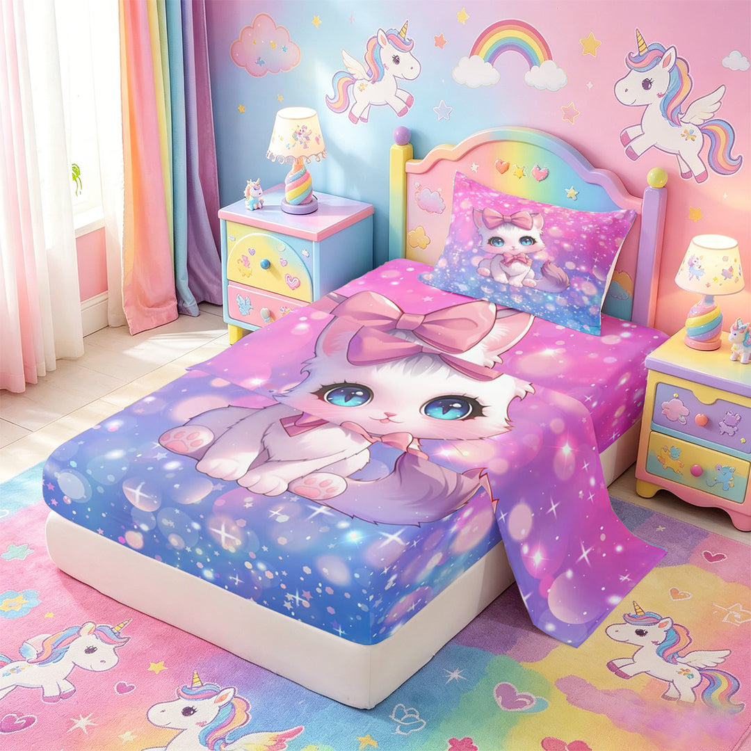 meiyoeat Cartoon Cute Kitten Bed Sheets For Girls,Pink Bow-tie Cat Full Size Sheets For Kids,4 Pieces