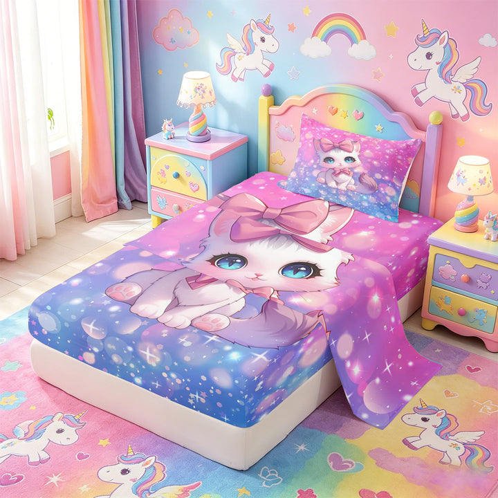 meiyoeat Cartoon Cute Kitten Bed Sheets For Girls,Pink Bow-tie Cat Full Size Sheets For Kids,4 Pieces