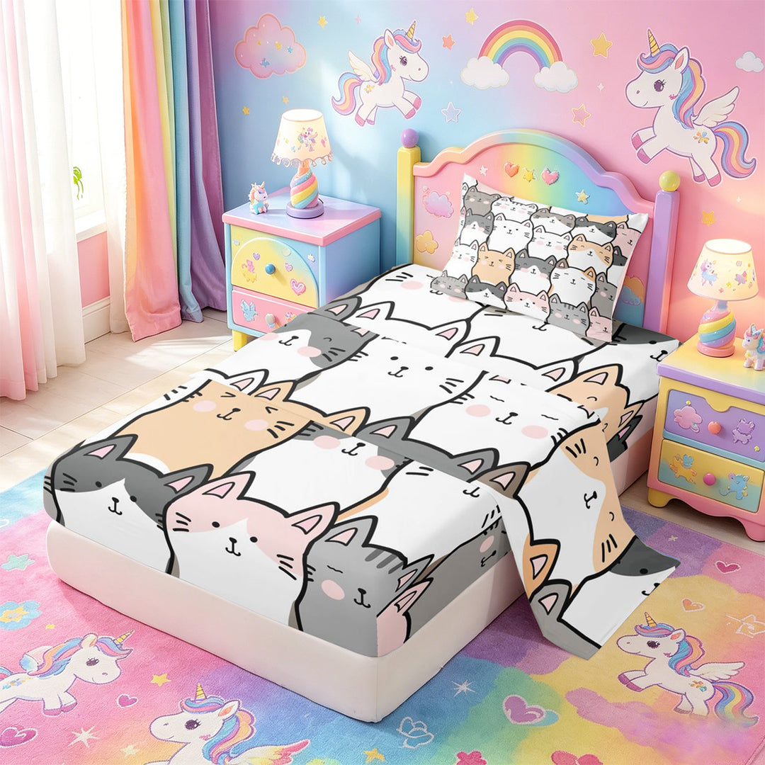 meiyoeat Cartoon Cute Cats Bed Sheets For Kids,Colorful Kawaii Kitten Print Full Size Sheets For Girls,4pcs