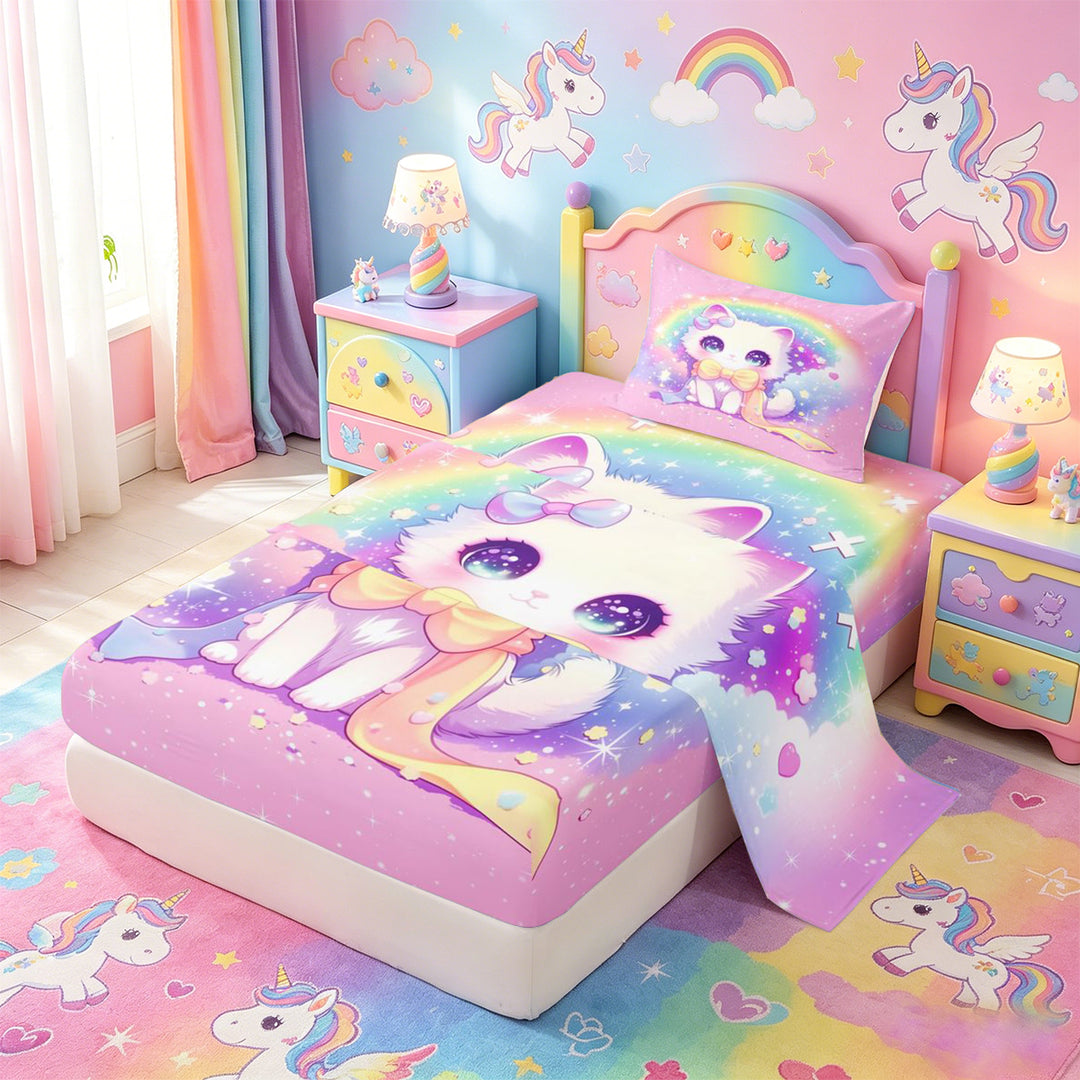 meiyoeat 3D Kawaii Cat Bed Sheets For Girls,Rainbow Sparkling Print Full Size Sheets For Kids,4pcs