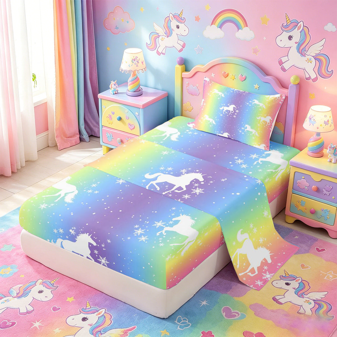 meiyoeat Magic Unicorn Silhouette Bed Sheets For Kids,Multicolor Gradient Lines Art Full Size Sheets For Girls,4-Piece