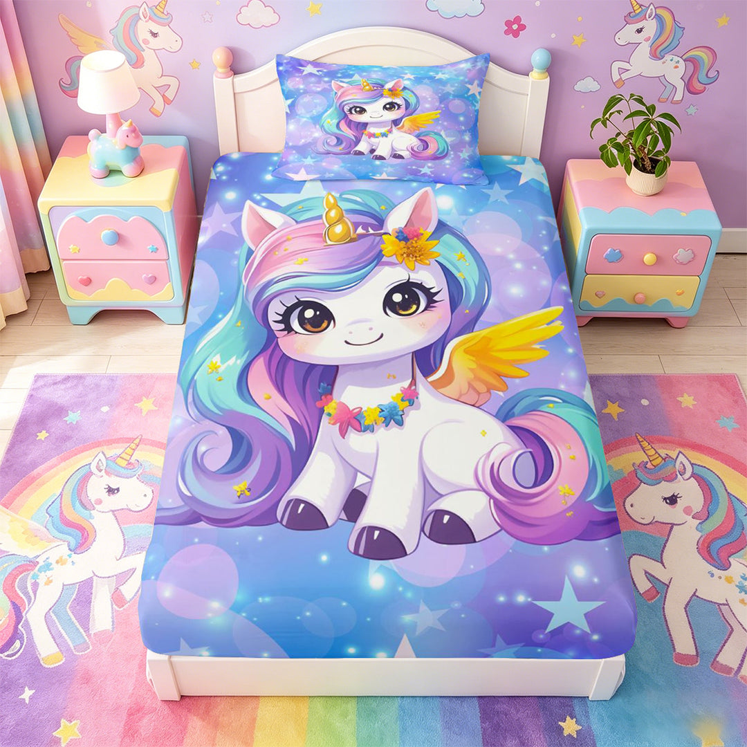 meiyoeat Kawaii Rainbow Unicorn Bed Sheets For Girls,Colorful Cute Stars Print Full Size Sheets For Kids,4-Piece