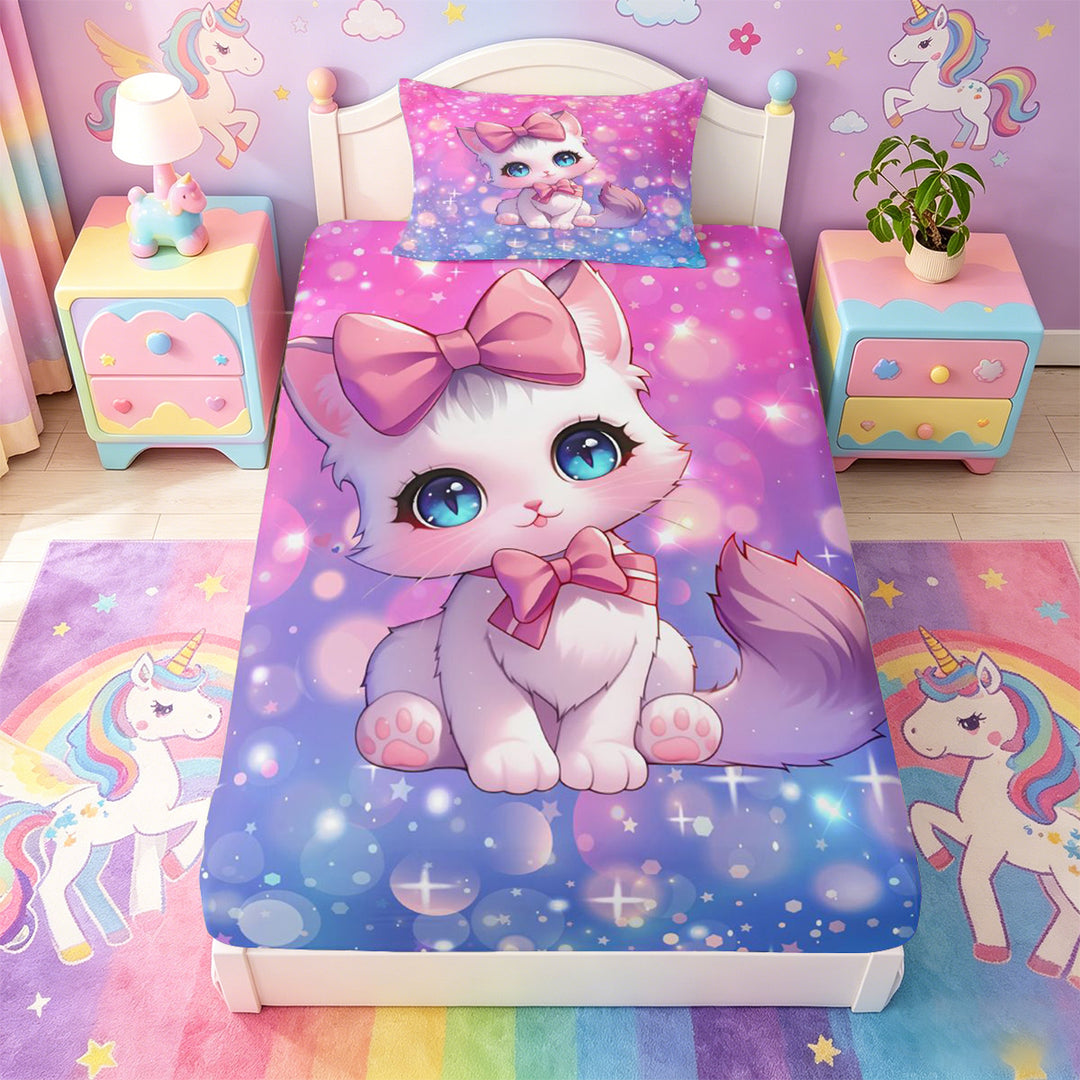meiyoeat Cartoon Cute Kitten Bed Sheets For Girls,Pink Bow-tie Cat Full Size Sheets For Kids,4 Pieces