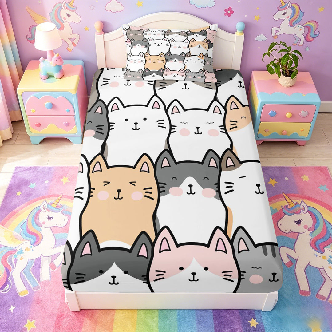 meiyoeat Cartoon Cute Cats Bed Sheets For Kids,Colorful Kawaii Kitten Print Full Size Sheets For Girls,4pcs