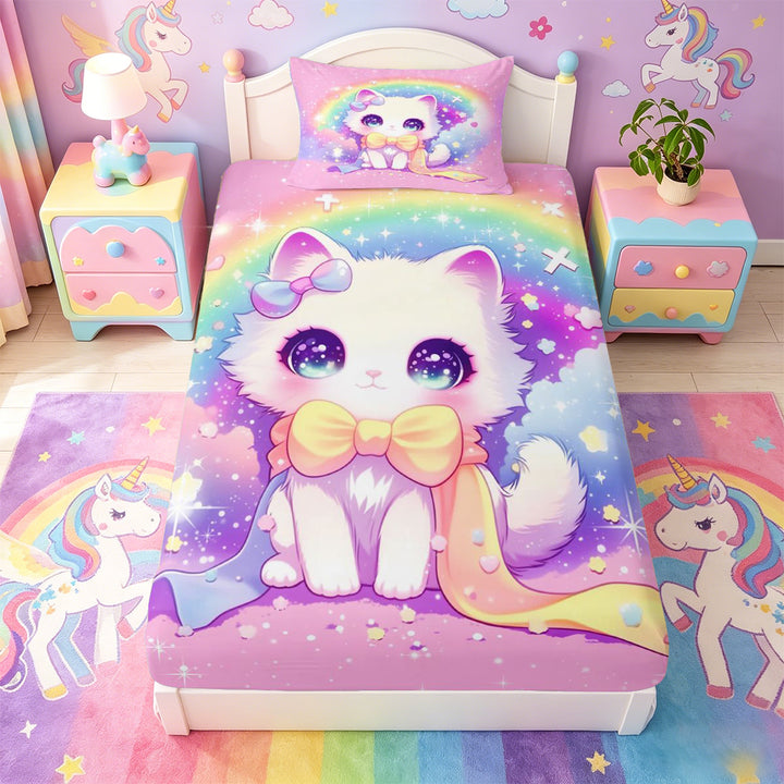 meiyoeat 3D Kawaii Cat Bed Sheets For Girls,Rainbow Sparkling Print Full Size Sheets For Kids,4pcs