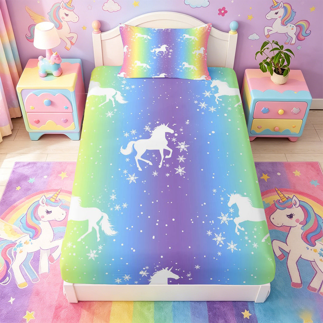 meiyoeat Magic Unicorn Silhouette Bed Sheets For Kids,Multicolor Gradient Lines Art Full Size Sheets For Girls,4-Piece