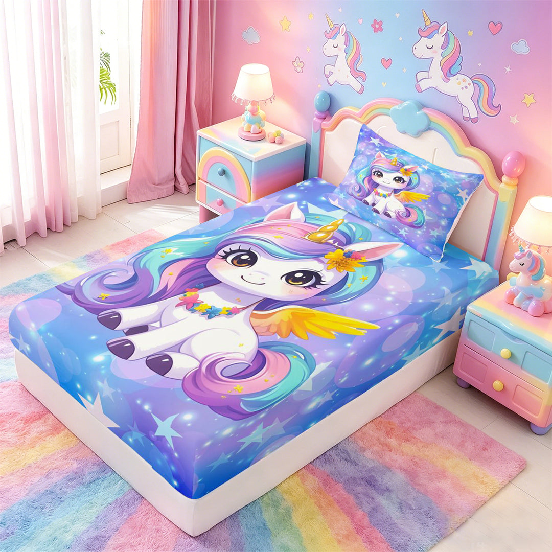 meiyoeat Kawaii Rainbow Unicorn Bed Sheets For Girls,Colorful Cute Stars Print Full Size Sheets For Kids,4-Piece