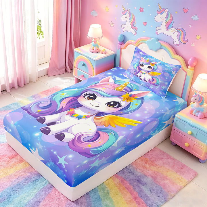 meiyoeat Kawaii Rainbow Unicorn Bed Sheets For Girls,Colorful Cute Stars Print Full Size Sheets For Kids,4-Piece
