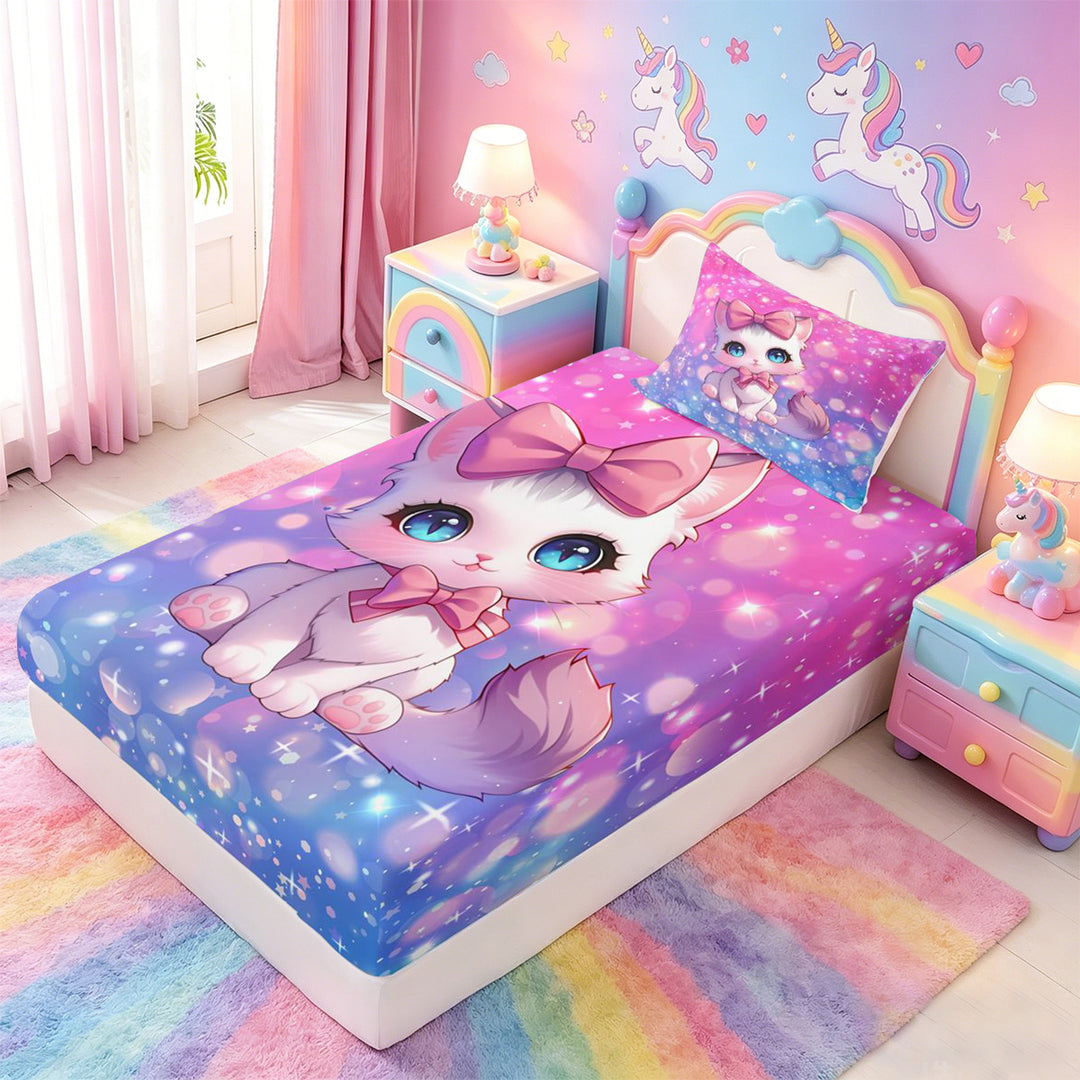 meiyoeat Cartoon Cute Kitten Bed Sheets For Girls,Pink Bow-tie Cat Full Size Sheets For Kids,4 Pieces