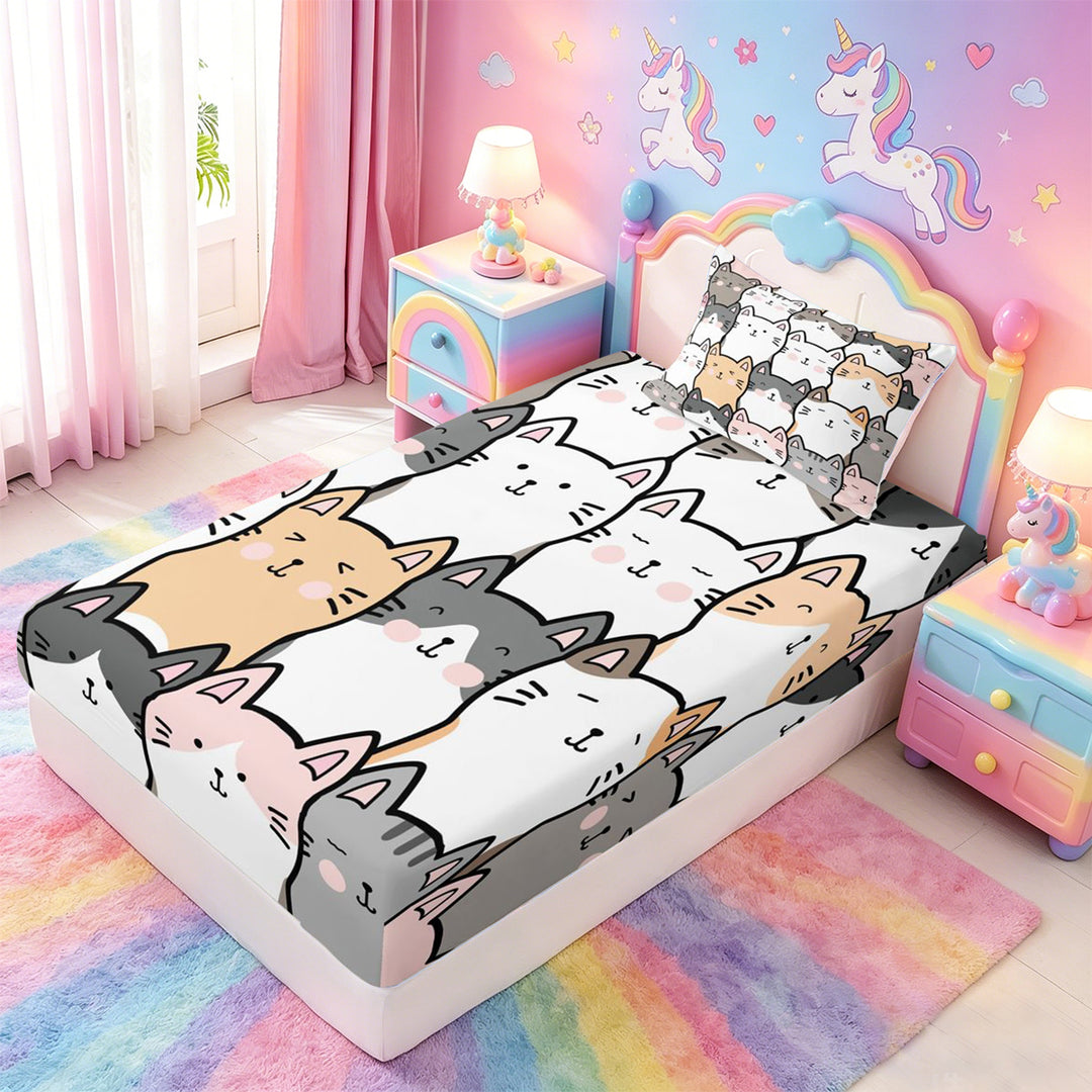meiyoeat Cartoon Cute Cats Bed Sheets For Kids,Colorful Kawaii Kitten Print Full Size Sheets For Girls,4pcs