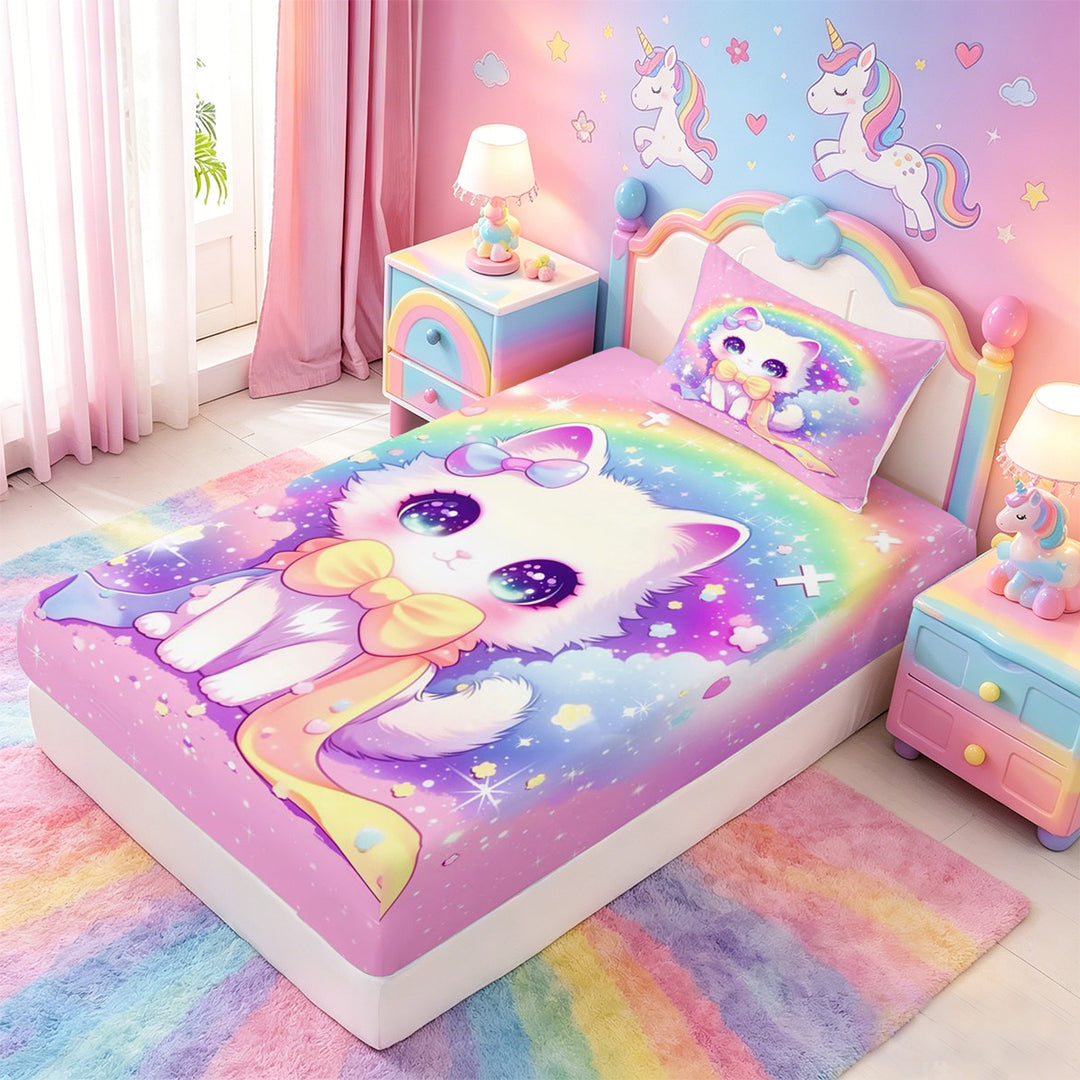 meiyoeat 3D Kawaii Cat Bed Sheets For Girls,Rainbow Sparkling Print Full Size Sheets For Kids,4pcs