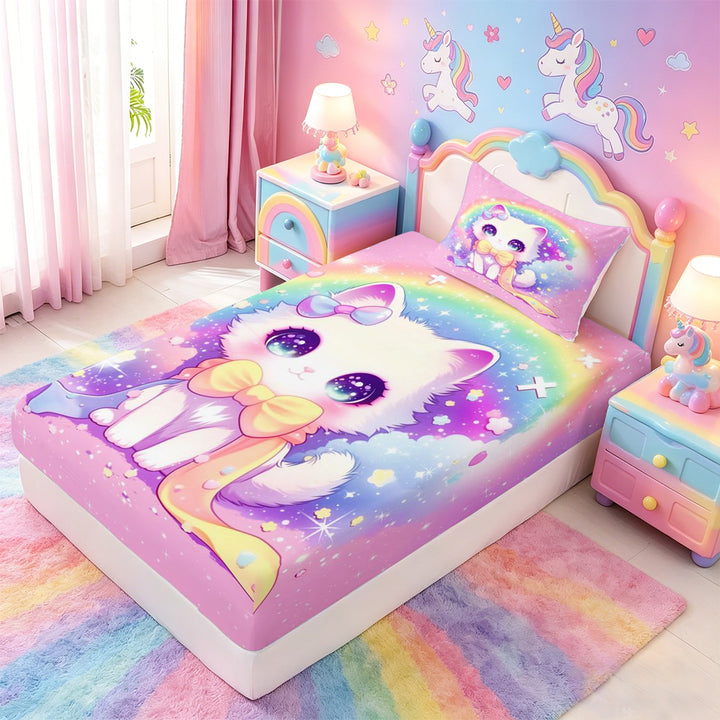 meiyoeat 3D Kawaii Cat Bed Sheets For Girls,Rainbow Sparkling Print Full Size Sheets For Kids,4pcs