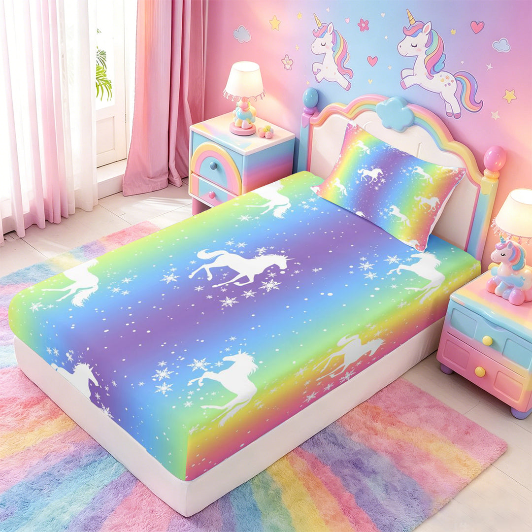 meiyoeat Magic Unicorn Silhouette Bed Sheets For Kids,Multicolor Gradient Lines Art Full Size Sheets For Girls,4-Piece