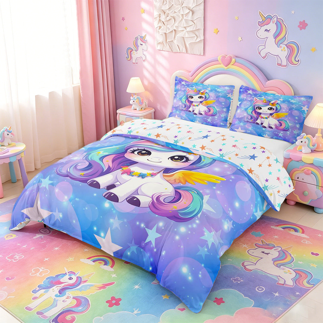 meiyoeat Kawaii Rainbow Unicorn Bedding For Girls,Colorful Cute Stars Print Duvet Cover Full For Kids,Colorful Stars Reversible,3-Piece(No Comforter)
