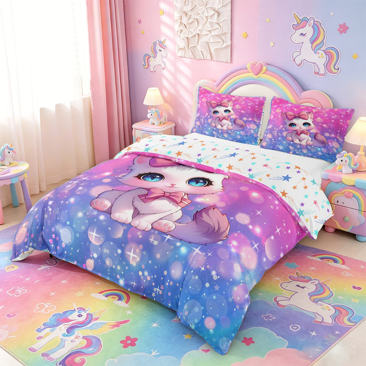 meiyoeat Cartoon Cute Kitten Bedding For Girls,Pink Bowknot Cat Duvet Cover Full For Kids,Colorful Stars Reversible,3 Pieces(No Comforter)