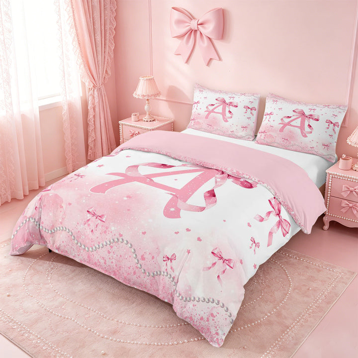 meiyoeat Pink Bow Monogram A Bedding,Cute Ribbon Bowknot Duvet Cover Full For Girl,Pink Reversible,3-Piece,1 Duvet Cover and 2 Pillowcases