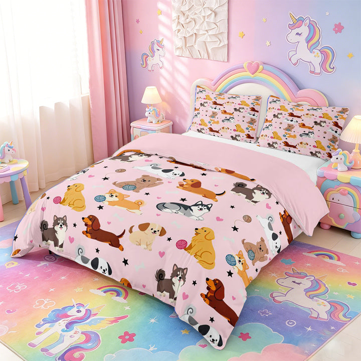 meiyoeat Cute Pet Dogs Bedding For Girls,Kawaii Animals Duvet Cover Full For Kids,Pink Reversible,3 Pieces(No Comforter)
