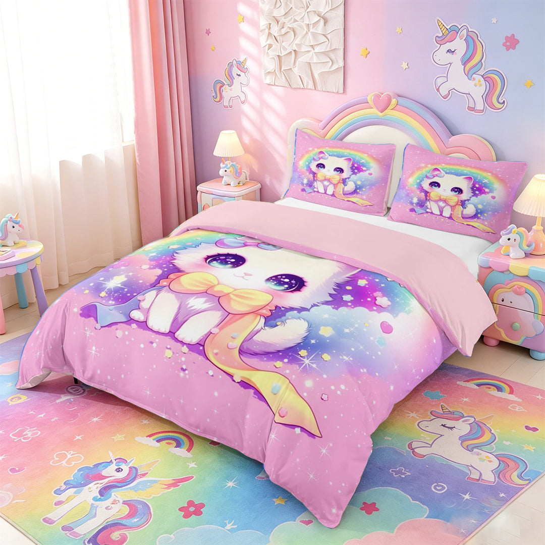 meiyoeat 3D Kawaii Cat Bedding For Girls,Rainbow Sparkling Print Duvet Cover Full For Kids,Pink Reversible,3pcs(No Comforter)