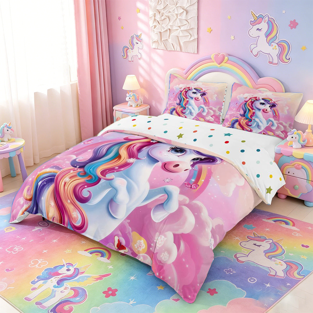 meiyoeat Colorful Magical Unicorn Bedding For Kids,Cute Animals Duvet Cover Full For Girls,Colorful Stars Reversible,3-Piece(No Comforter)