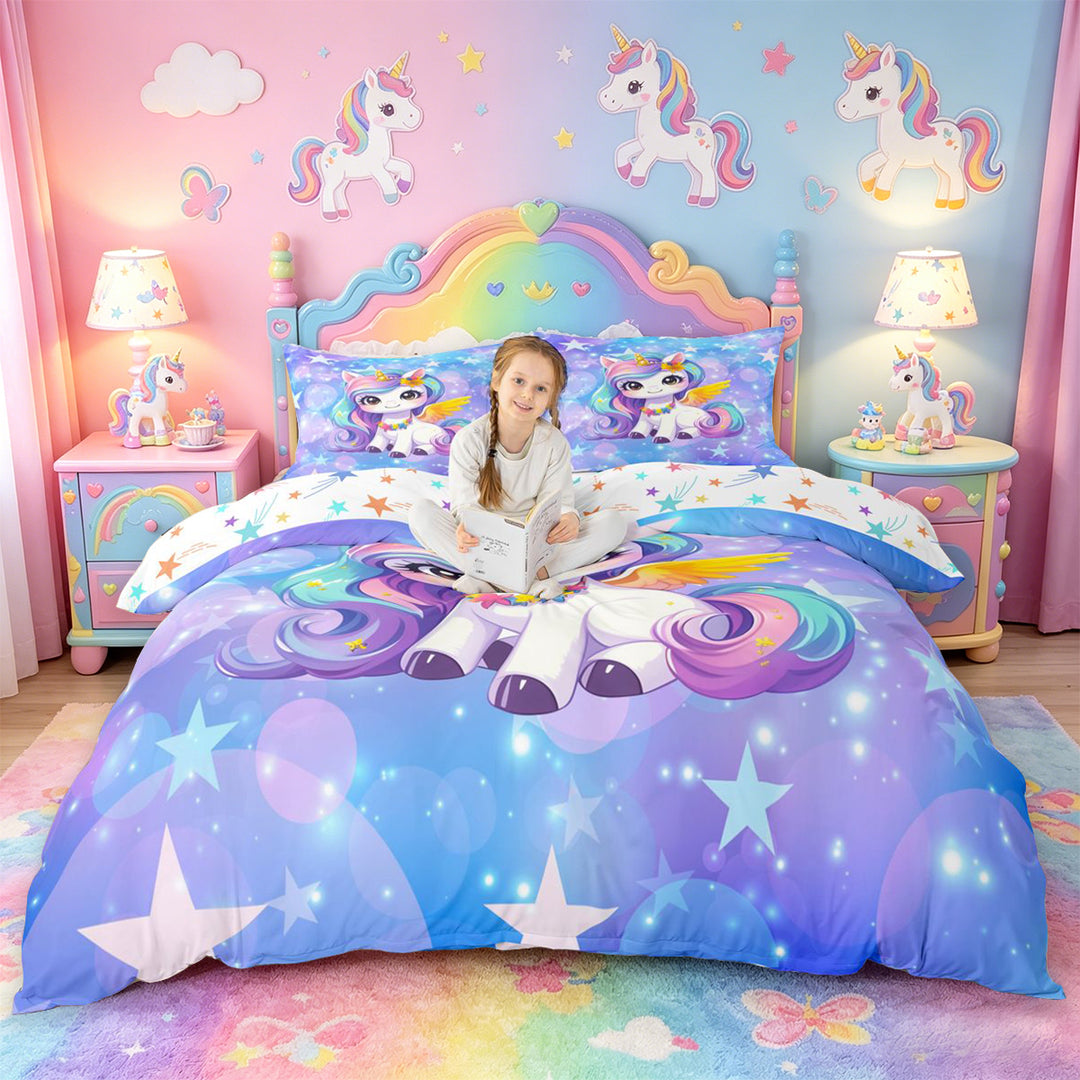 meiyoeat Kawaii Rainbow Unicorn Bedding For Girls,Colorful Cute Stars Print Duvet Cover Full For Kids,Colorful Stars Reversible,3-Piece(No Comforter)