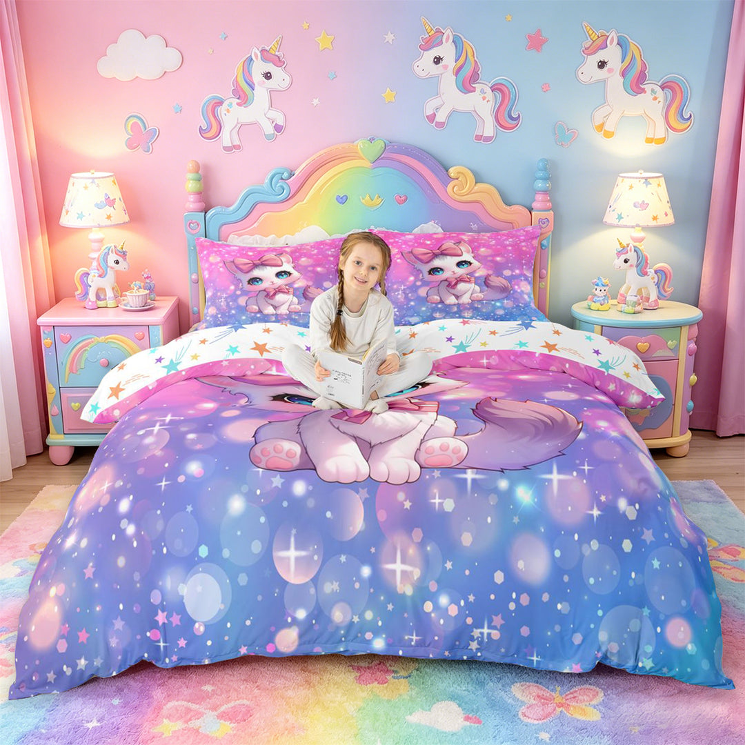 meiyoeat Cartoon Cute Kitten Bedding For Girls,Pink Bowknot Cat Duvet Cover Full For Kids,Colorful Stars Reversible,3 Pieces(No Comforter)