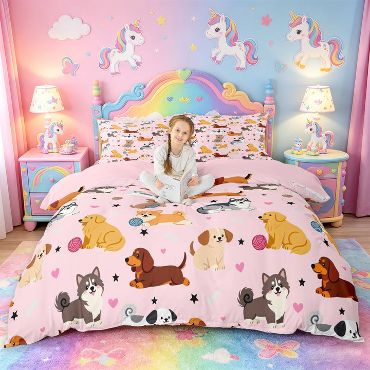 meiyoeat Cute Pet Dogs Bedding For Girls,Kawaii Animals Duvet Cover Full For Kids,Pink Reversible,3 Pieces(No Comforter)