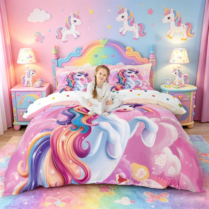 meiyoeat Colorful Magical Unicorn Bedding For Kids,Cute Animals Duvet Cover Full For Girls,Colorful Stars Reversible,3-Piece(No Comforter)