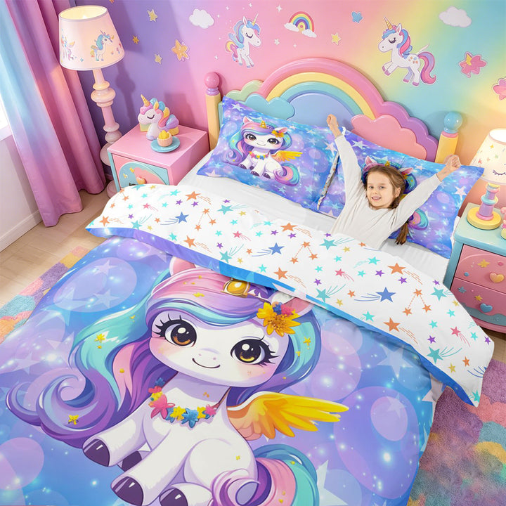 meiyoeat Kawaii Rainbow Unicorn Bedding For Girls,Colorful Cute Stars Print Duvet Cover Full For Kids,Colorful Stars Reversible,3-Piece(No Comforter)