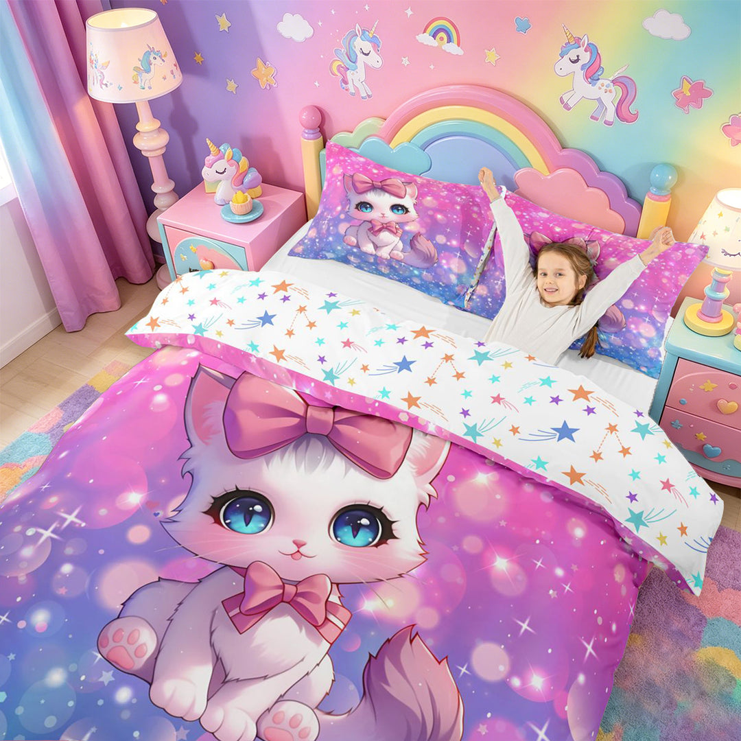 meiyoeat Cartoon Cute Kitten Bedding For Girls,Pink Bowknot Cat Duvet Cover Full For Kids,Colorful Stars Reversible,3 Pieces(No Comforter)