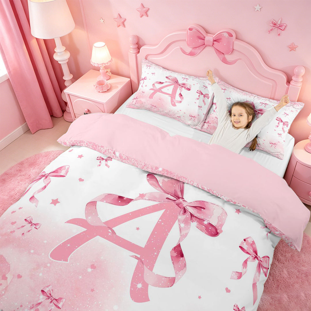 meiyoeat Pink Bow Monogram A Bedding,Cute Ribbon Bowknot Duvet Cover Full For Girl,Pink Reversible,3-Piece,1 Duvet Cover and 2 Pillowcases