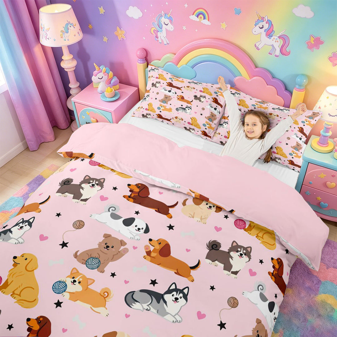 meiyoeat Cute Pet Dogs Bedding For Girls,Kawaii Animals Duvet Cover Full For Kids,Pink Reversible,3 Pieces(No Comforter)