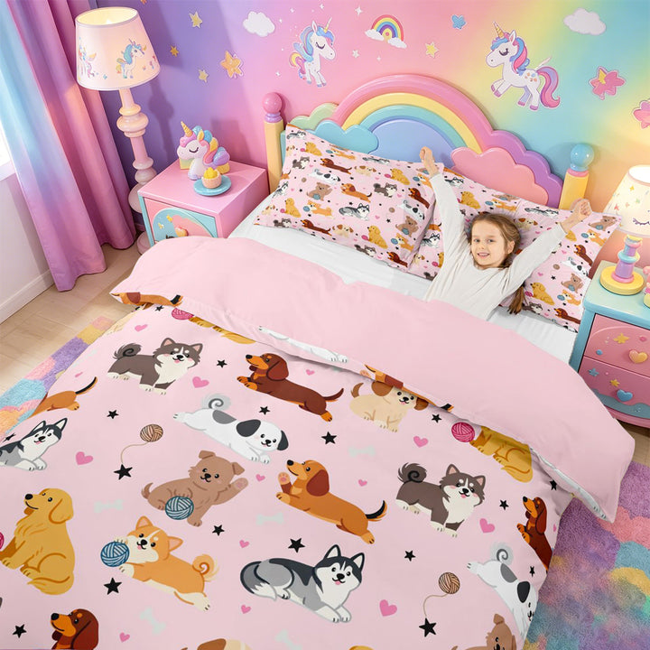 meiyoeat Cute Pet Dogs Bedding For Girls,Kawaii Animals Duvet Cover Full For Kids,Pink Reversible,3 Pieces(No Comforter)