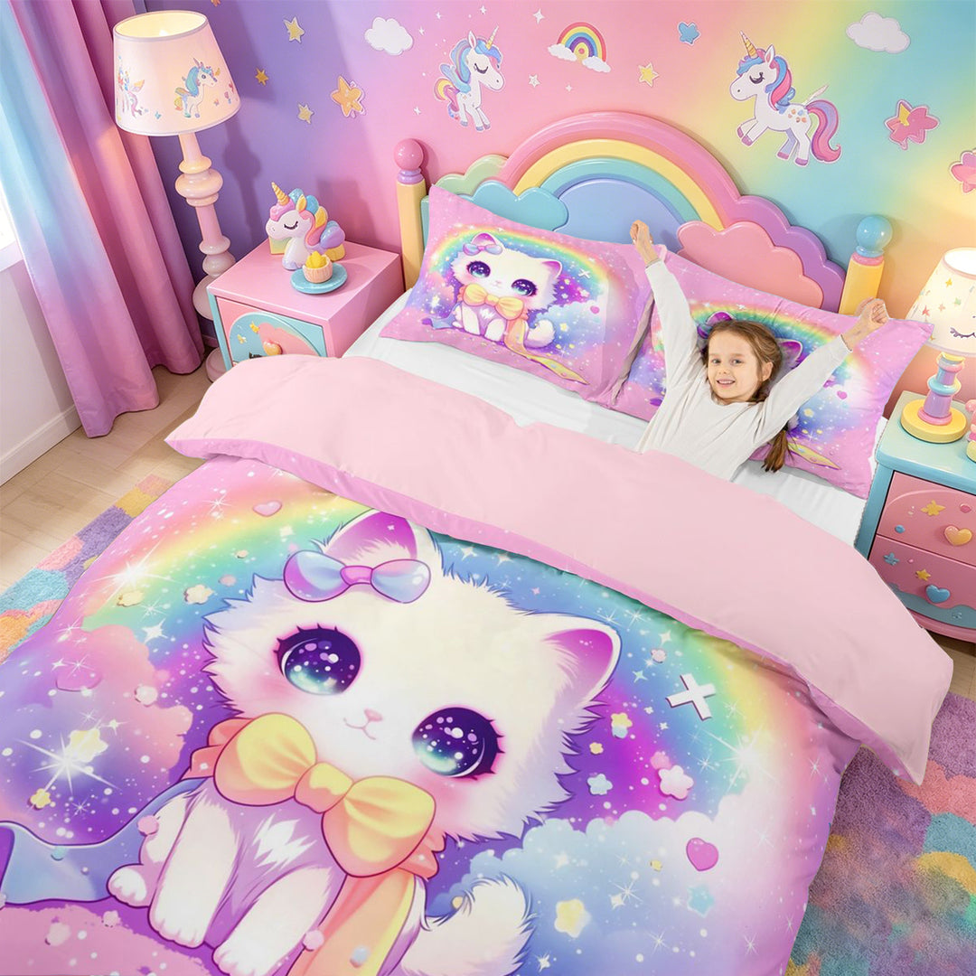 meiyoeat 3D Kawaii Cat Bedding For Girls,Rainbow Sparkling Print Duvet Cover Full For Kids,Pink Reversible,3pcs(No Comforter)