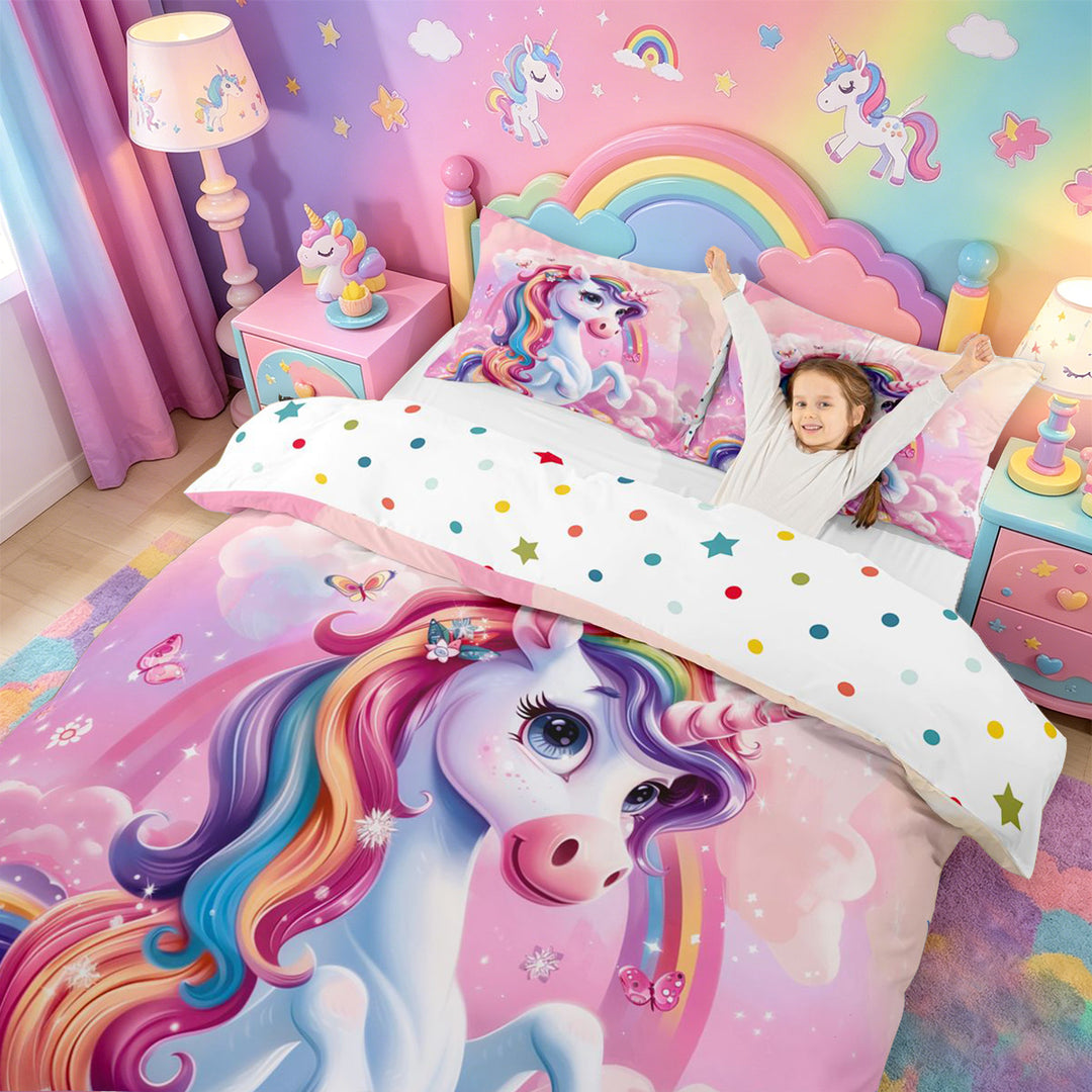 meiyoeat Colorful Magical Unicorn Bedding For Kids,Cute Animals Duvet Cover Full For Girls,Colorful Stars Reversible,3-Piece(No Comforter)