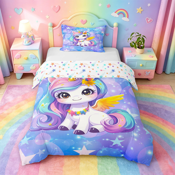meiyoeat Kawaii Rainbow Unicorn Bedding For Girls,Colorful Cute Stars Print Duvet Cover Full For Kids,Colorful Stars Reversible,3-Piece(No Comforter)