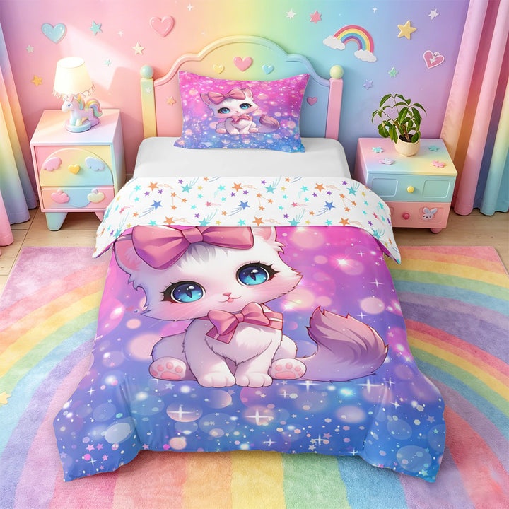 meiyoeat Cartoon Cute Kitten Bedding For Girls,Pink Bowknot Cat Duvet Cover Full For Kids,Colorful Stars Reversible,3 Pieces(No Comforter)
