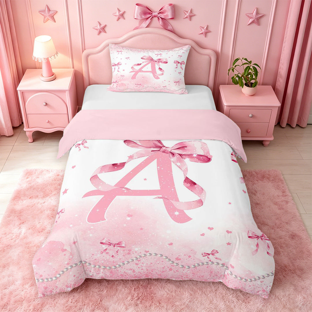 meiyoeat Pink Bow Monogram A Bedding,Cute Ribbon Bowknot Duvet Cover Full For Girl,Pink Reversible,3-Piece,1 Duvet Cover and 2 Pillowcases