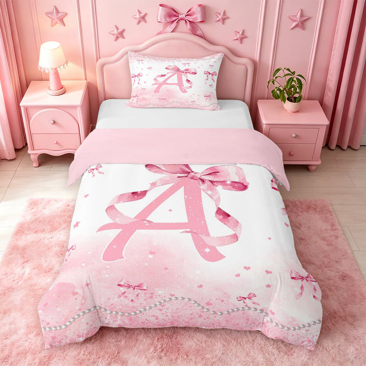 meiyoeat Pink Bow Monogram A Bedding,Cute Ribbon Bowknot Duvet Cover Full For Girl,Pink Reversible,3-Piece,1 Duvet Cover and 2 Pillowcases